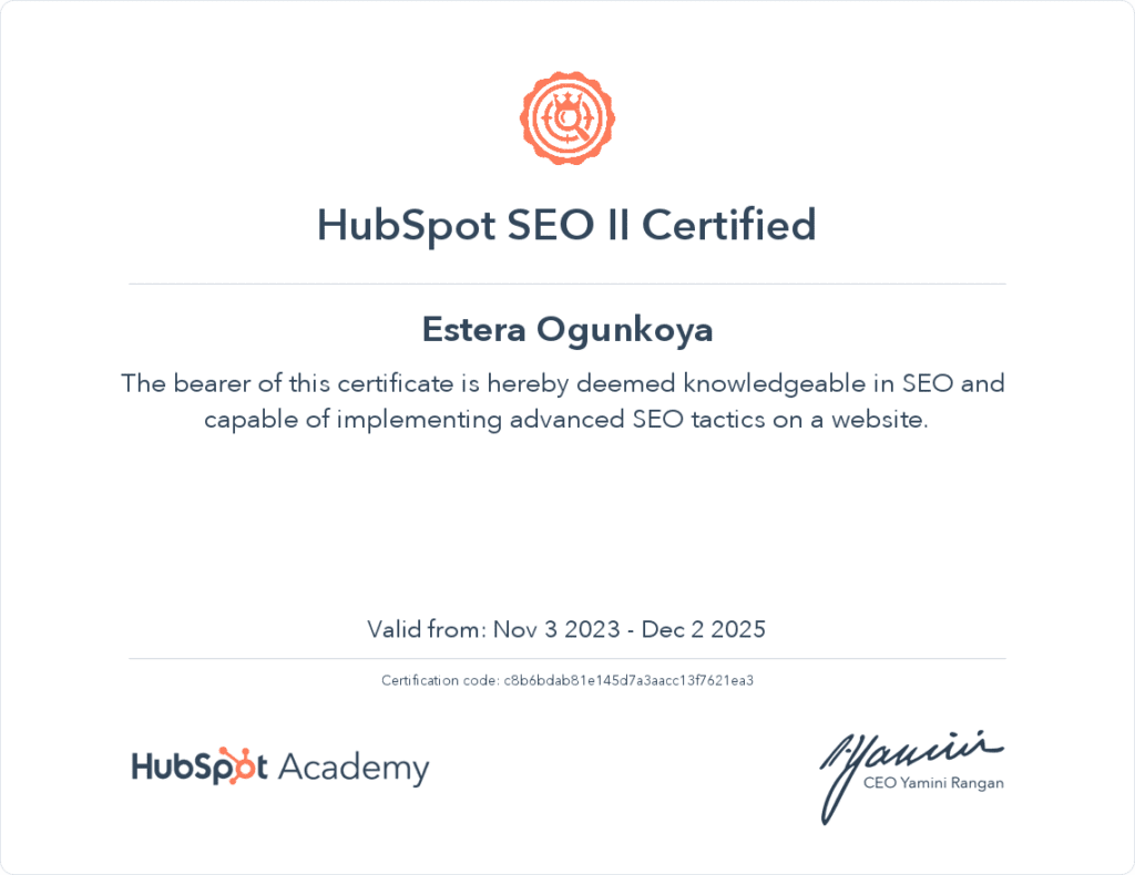 HubSpot SEO II Certification for Digital Marketing